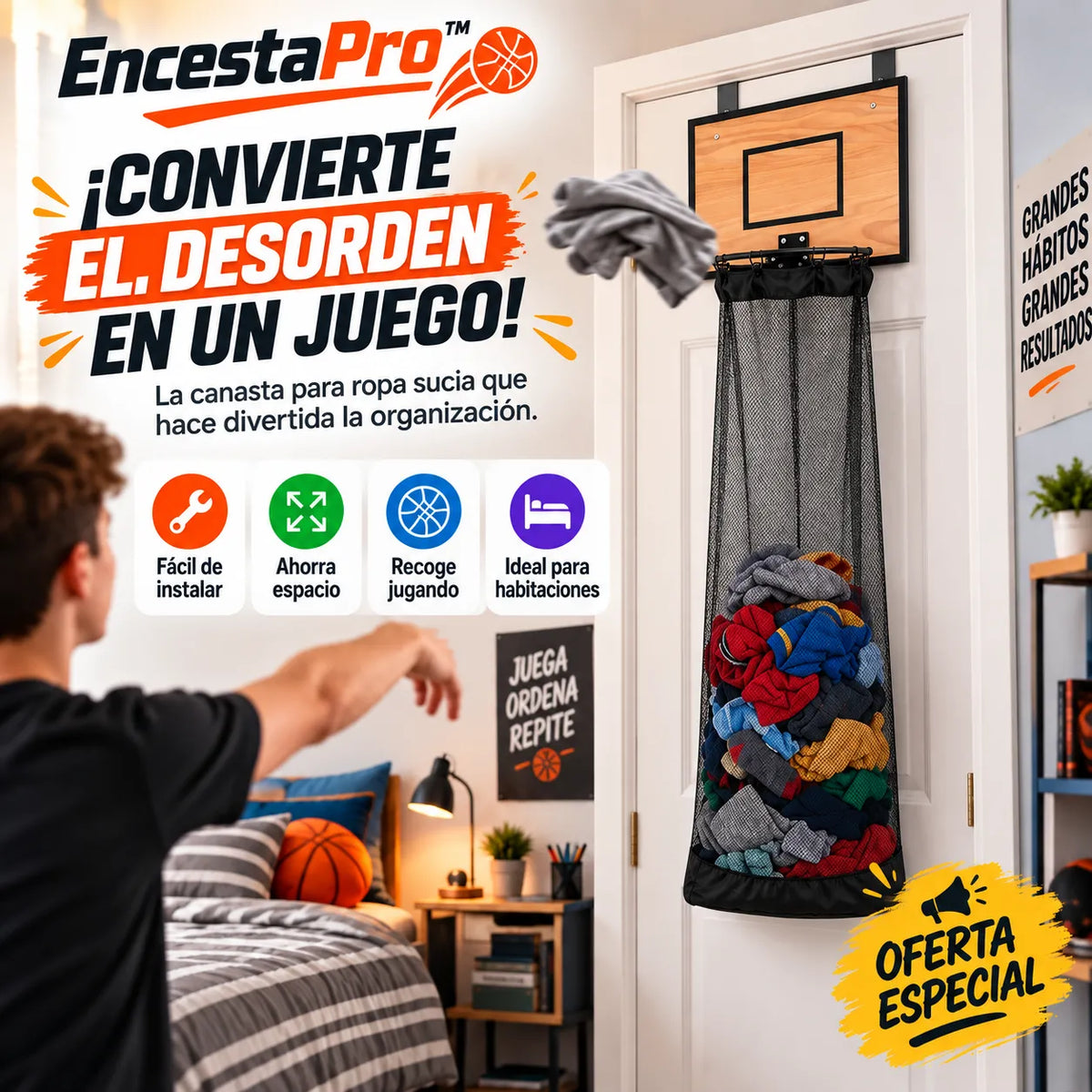 EncestaPro™ – Canasta de Baloncesto para Ropa Sucia, Convierte el desorden en un juego.